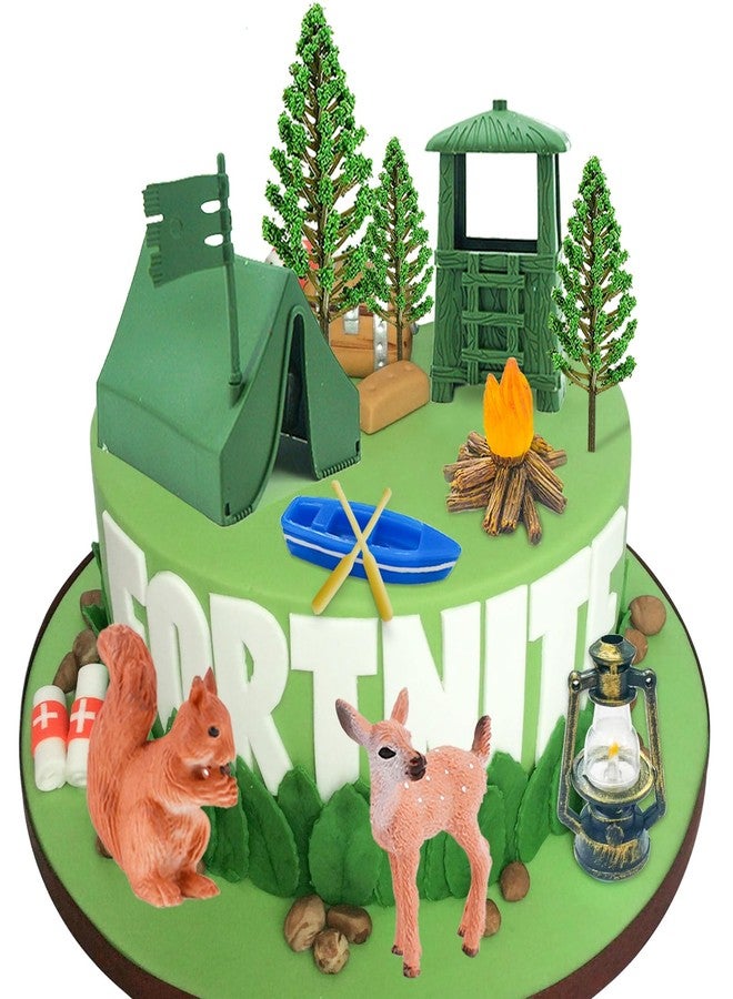 Lukinuo 13pcs Camping Cake Topper Fireside Camp DecoSet Tent Bonfire Canoe Tree Squirrel Deer Figures Camping Cake Decoration for Happy Camper Forest Summer Camper Picnic Hiking Adventure Theme Party - Image 1